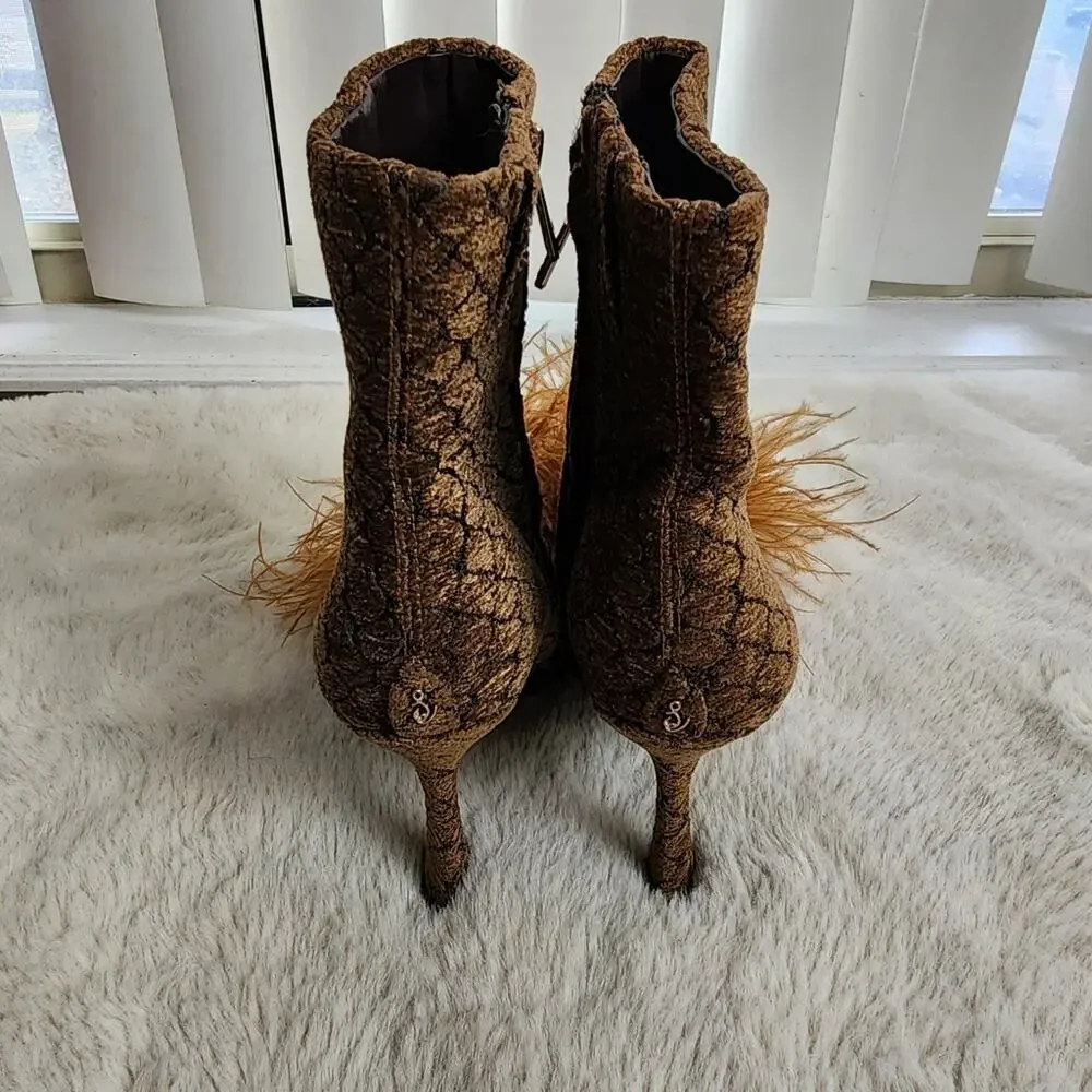 Sam Edelman Ency Feathered Ankle Booties Rhinestone Pointed Toe Brown Heeled 6.5